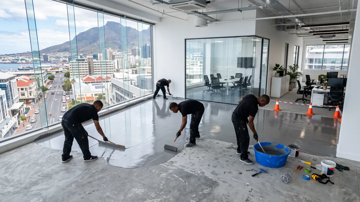 Epoxy Flooring South Africa - flooring installers spreading a grey epoxy floor coating with a squeegee and spiked roller in an open-plan office, with Table Mountain visible through the windows Epoxy Flooring South Africa - flooring installers spreading a grey epoxy floor coating with a squeegee and spiked roller in an open-plan office, with Table Mountain visible through the windows